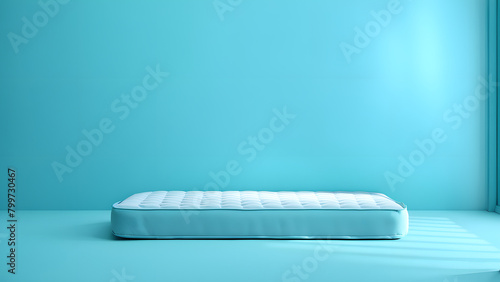 A mattress is on a blue wall