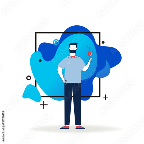 Bartender holding cocktail. Male waiter in bowtie offering drink flat vector illustration. Restaurant, bar, party concept for banner, website design or landing web page