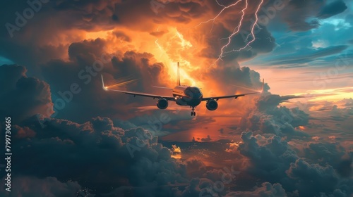 A commercial jet flies in the cloudy sky and there are lightning strikes. photo