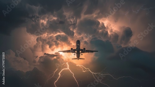A commercial jet flies in the cloudy sky and there are lightning strikes.