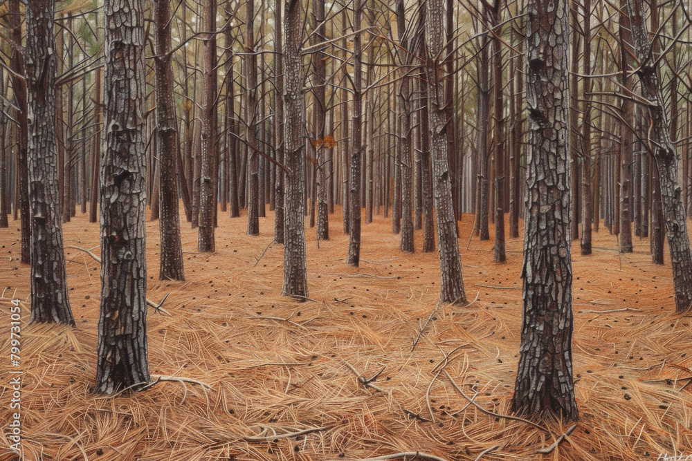 Obraz premium A carpet of pine needles covering the forest floor, with their linear arrangement creating a soothing pattern.