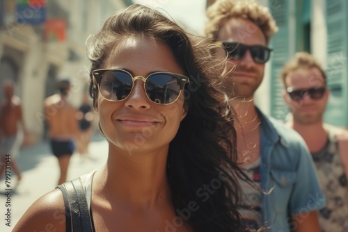 Portrait of a beautiful young woman in sunglasses with friends in the background