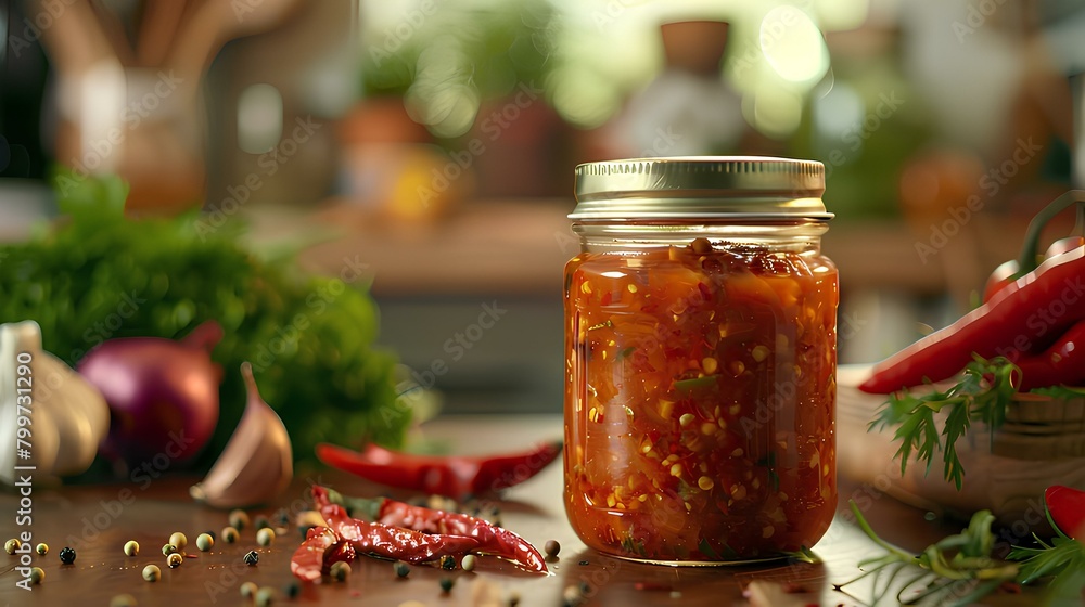 Picture of chili paste in a glass bottle Put on the table in the kitchen, Thai food, jars of pickled vegetables Picture of chili paste in a glass bottle Put on the table in the kitchen, Thai food, jars of pickled vegetables