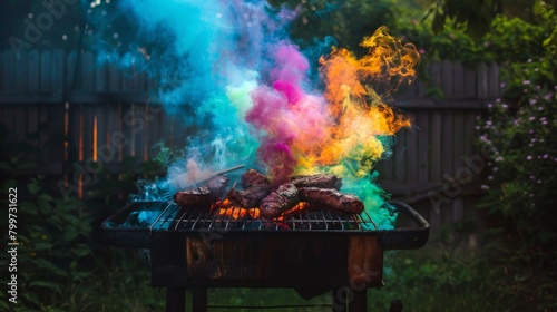 Colorful smoke rising from a barbecue grill, infusing the air with savory aromas and adding to the outdoor cooking experience.