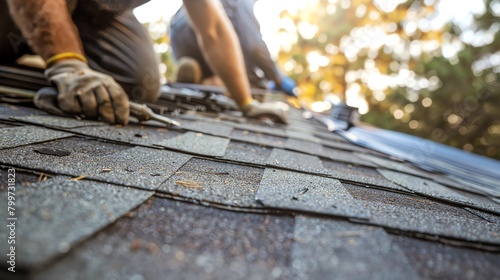 Roof RepairDetail closeup of roofers work, repairing damaged shingles replacing wornout sections of house roof, tools materials scattered around as they meticulously restore roo