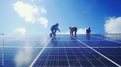 Solar Panel InstallationDepict workers installing solar panels on a house roof, harnessing the power of the sun to generate clean, renewable energy, with rows of sleek panels gleaming in the sunlight