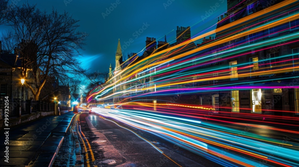 Obraz premium Colorful streaks of light painting the night sky above the historic city, capturing the vibrancy and energy of urban life.