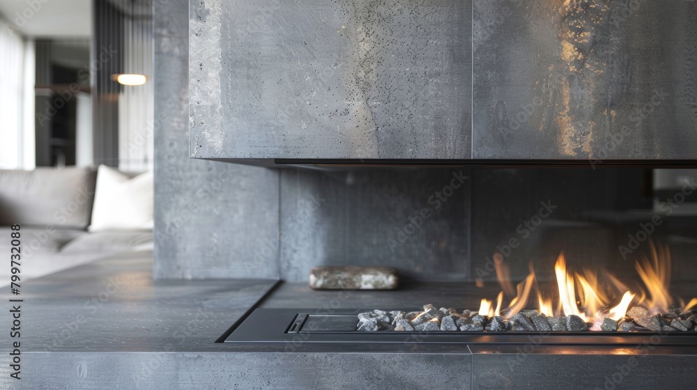 The industrial loft apartment features a modern fireplace made of raw metal and concrete serving as a bold statement piece. 2d flat cartoon.
