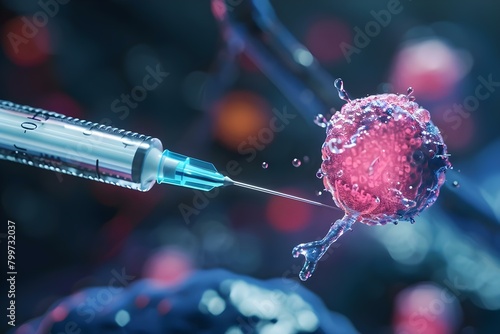 Closeup of needle piercing cancer cell in vivid cinematic medical image. Concept Medical Imagery, Cancer Cells, Needle Closeup, Vivid Cinematic, Healthcare Technology