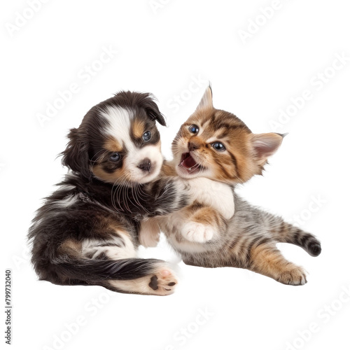 little dog and cat playing together on transparency background PNG 