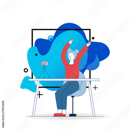 Female blogger posing for camera. Woman recording video of herself flat vector illustration. Internet, networking, blog concept for banner, website design or landing web page