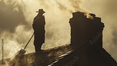 Chimney SweepDescribe a chimney sweep perched on the roof, sweeping away soot and debris to ensure proper ventilation and safety, their figure outlined against the sky as they work to keep the chimney photo