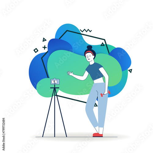 Fitness blogger posing for camera. Woman with dumbbells recording video of herself flat vector illustration. Internet, fitness, blog concept for banner, website design or landing web page