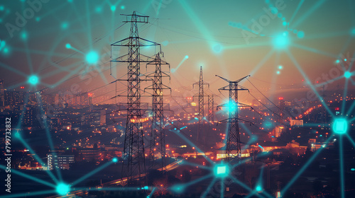 High power electricity poles in urban area connected to smart grid. Energy supply  distribution of energy  transmitting energy  energy transmission  high voltage supply concept photo. 