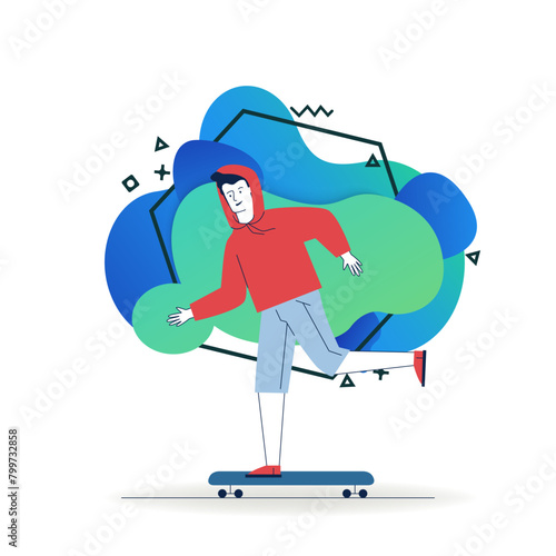 Guy in casual skateboarding. Male character riding longboard flat vector illustration. Skateboarder outdoor activity, lifestyle concept for banner, website design or landing web page