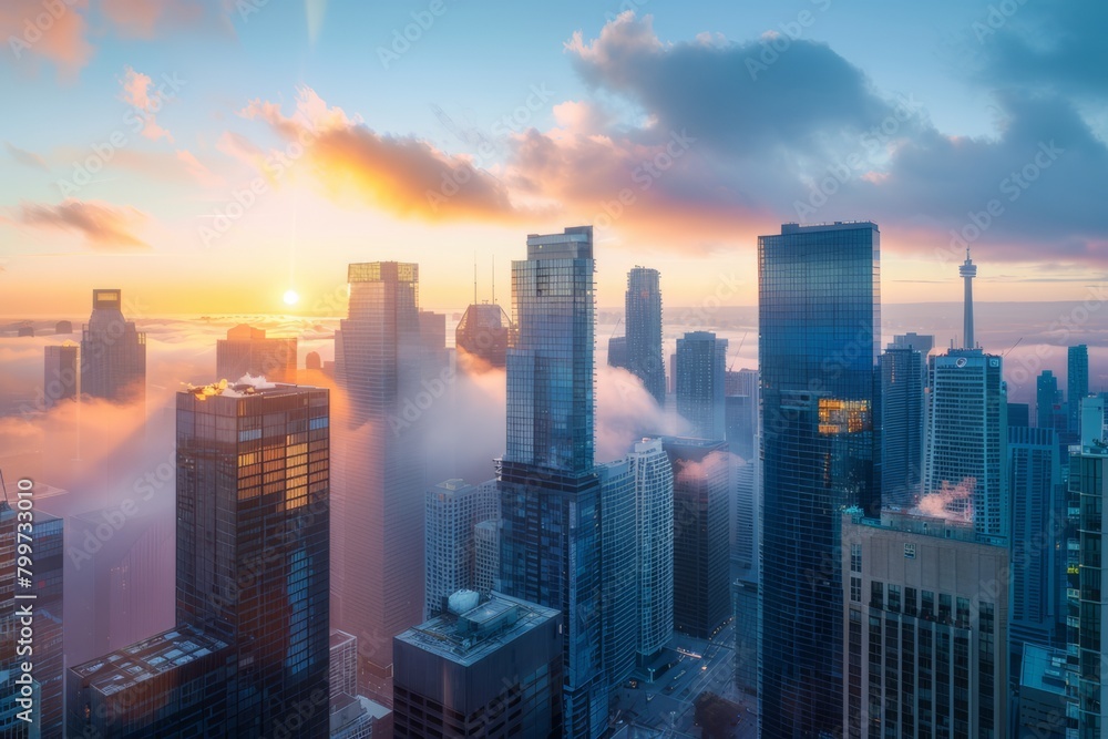 A panoramic view of a city skyline at sunrise. 