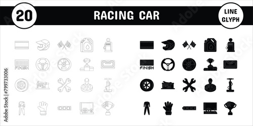 Racing Car Line Glyph Vector Illustration Icon Sticker Set Design Materials