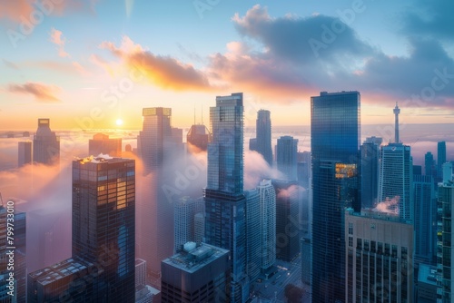 A panoramic view of a city skyline at sunrise. 