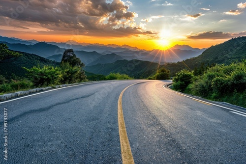 Asphalt road and mountain with sky clouds background at sunset - generative ai