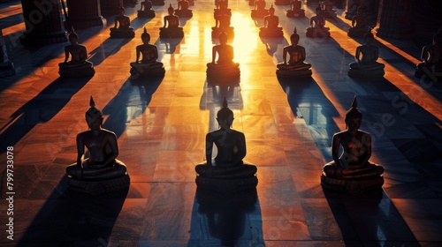 Shadows of Buddha statues elongated on a temple floor during sunset, symbolizing the eternal presence of enlightenment. photo