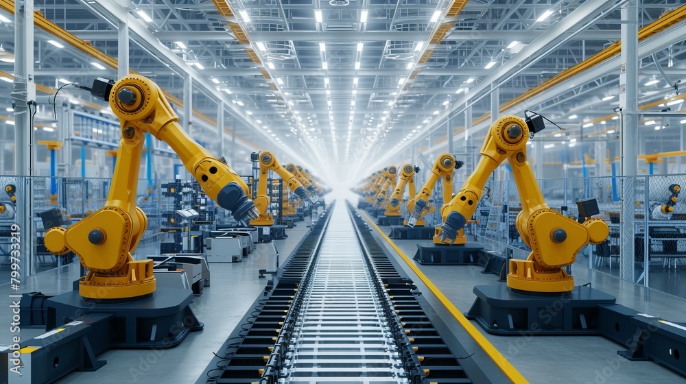 An expansive view of an innovative manufacturing facility, pristine white in color The assembly line is bustling with deep dark blue and darker yellow robots, AI Generative