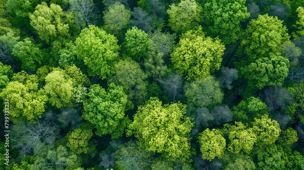 Aerial view, vibrant green forest in spring, natural tapestry from drone's eye, AI Generative