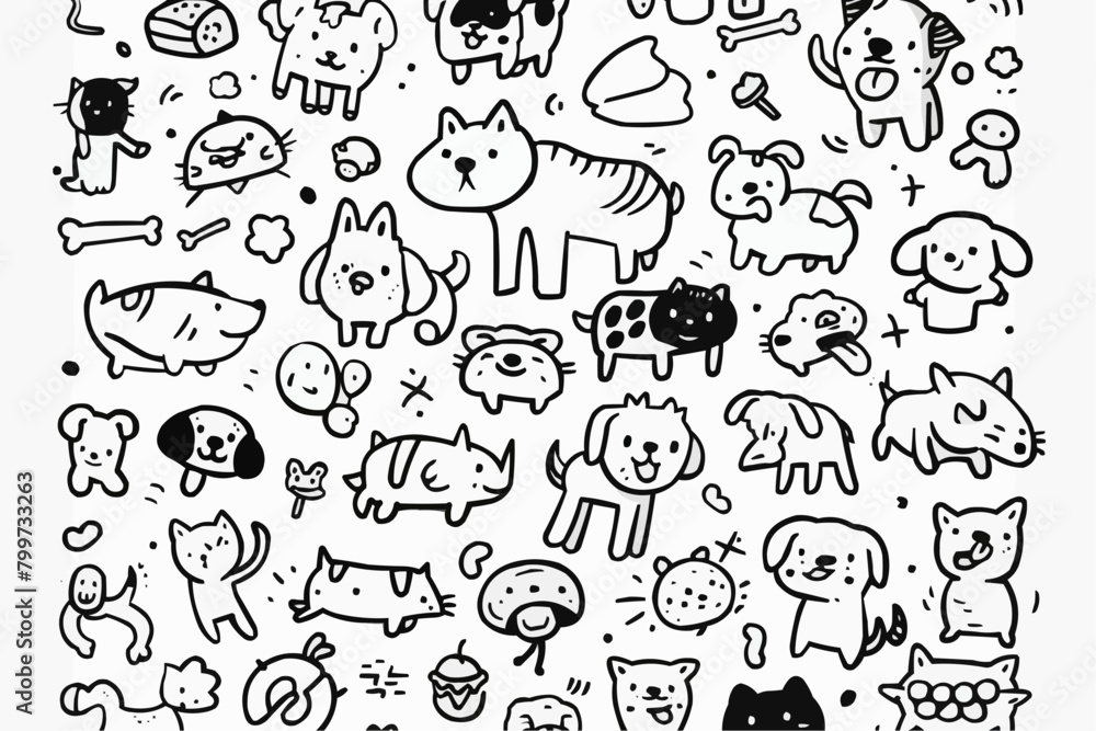 Simple wallpaper of dogs and cats. Vector linear seamless pattern. For postcard covers, etc