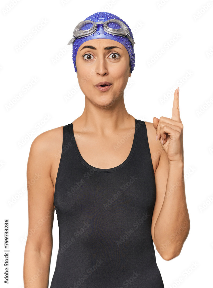 Young Caucasian female professional swimmer having an idea, inspiration concept. Young Caucasian female professional swimmer having an idea, inspiration concept.