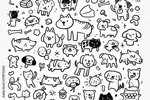 Simple wallpaper of dogs and cats. Vector linear seamless pattern. For postcard covers  etc