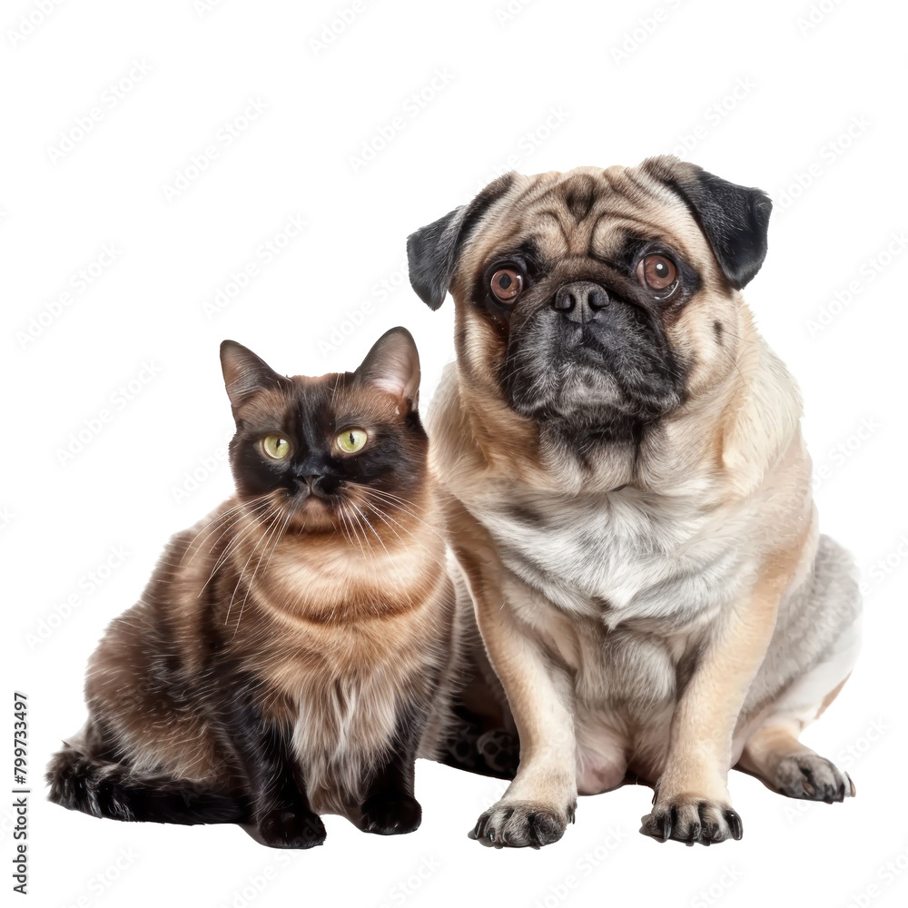 Dog and cat sitting together full body on transparency background PNG
