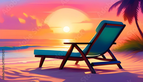 A lounge chair on a sandy beach with a vibrant sunset sky and palm trees in the background