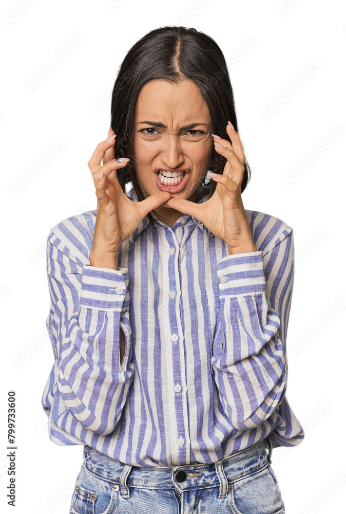 Young Caucasian woman with short hair upset screaming with tense hands. Young Caucasian woman with short hair upset screaming with tense hands.