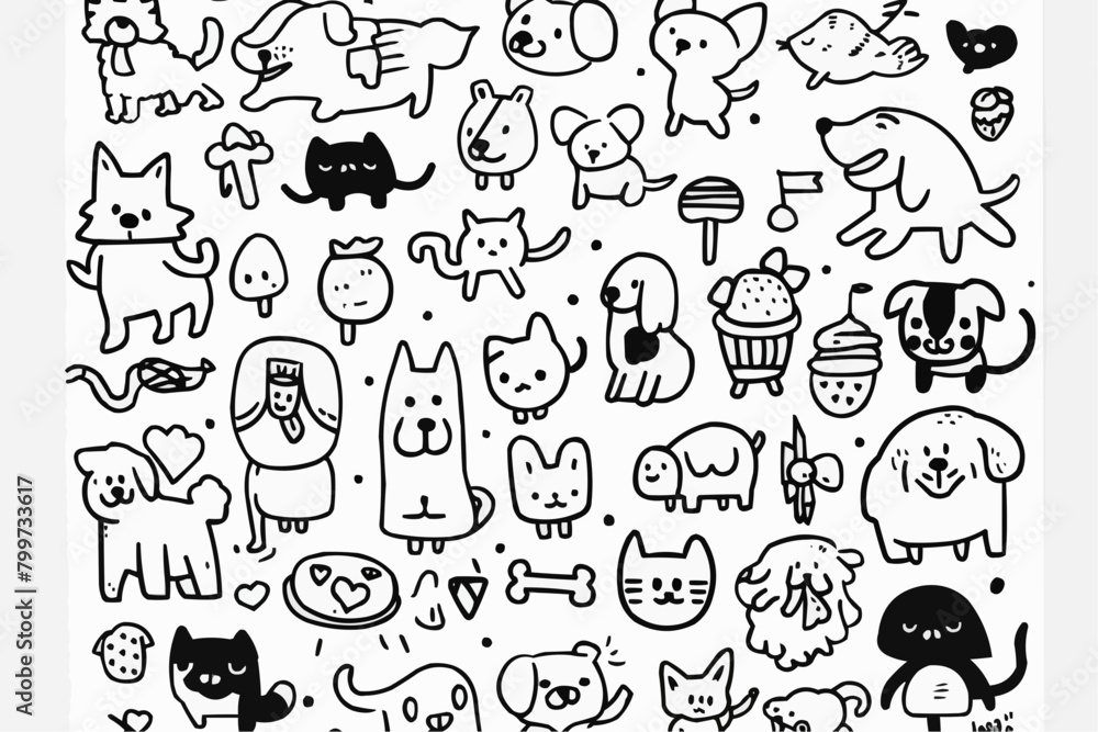 Simple wallpaper of dogs and cats. Vector linear seamless pattern. For postcard covers, etc