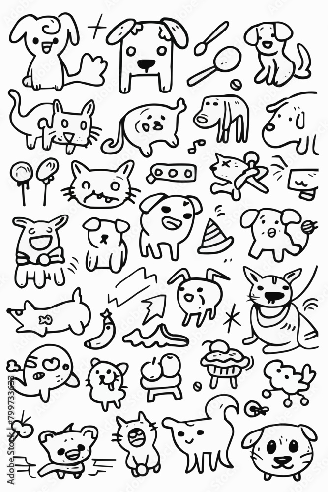 Simple wallpaper of dogs and cats. Vector linear seamless pattern. For postcard covers, etc