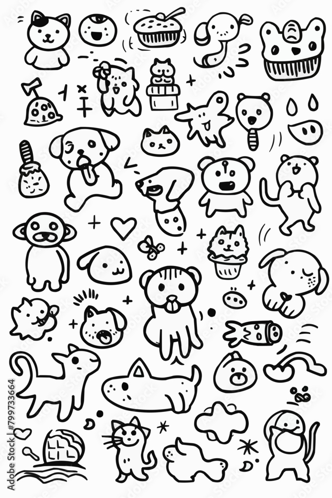 Simple wallpaper of dogs and cats. Vector linear seamless pattern. For postcard covers, etc