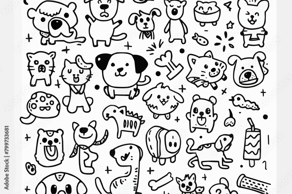 Simple wallpaper of dogs and cats. Vector linear seamless pattern. For postcard covers, etc Simple wallpaper of dogs and cats. Vector linear seamless pattern. For postcard covers, etc