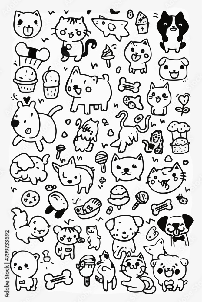 Simple wallpaper of dogs and cats. Vector linear seamless pattern. For postcard covers, etc Simple wallpaper of dogs and cats. Vector linear seamless pattern. For postcard covers, etc
