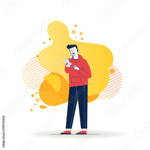 Male smoker coughing. Smoking young man flat vector illustration. Health problem, nicotine, addiction concept for banner, website design or landing web page