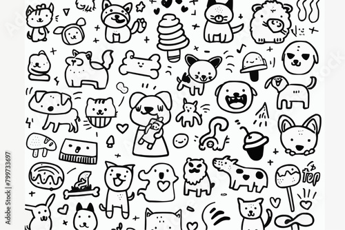 Simple wallpaper of dogs and cats. Vector linear seamless pattern. For postcard covers  etc