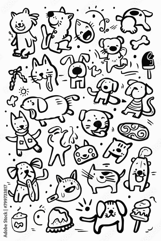 Simple wallpaper of dogs and cats. Vector linear seamless pattern. For postcard covers, etc