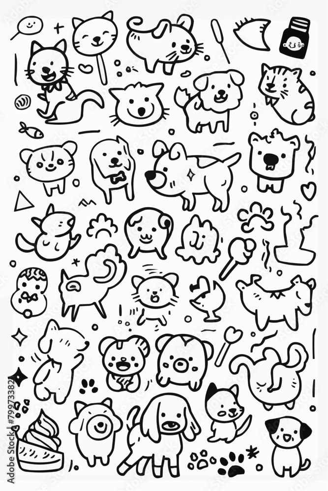 Simple wallpaper of dogs and cats. Vector linear seamless pattern. For postcard covers, etc