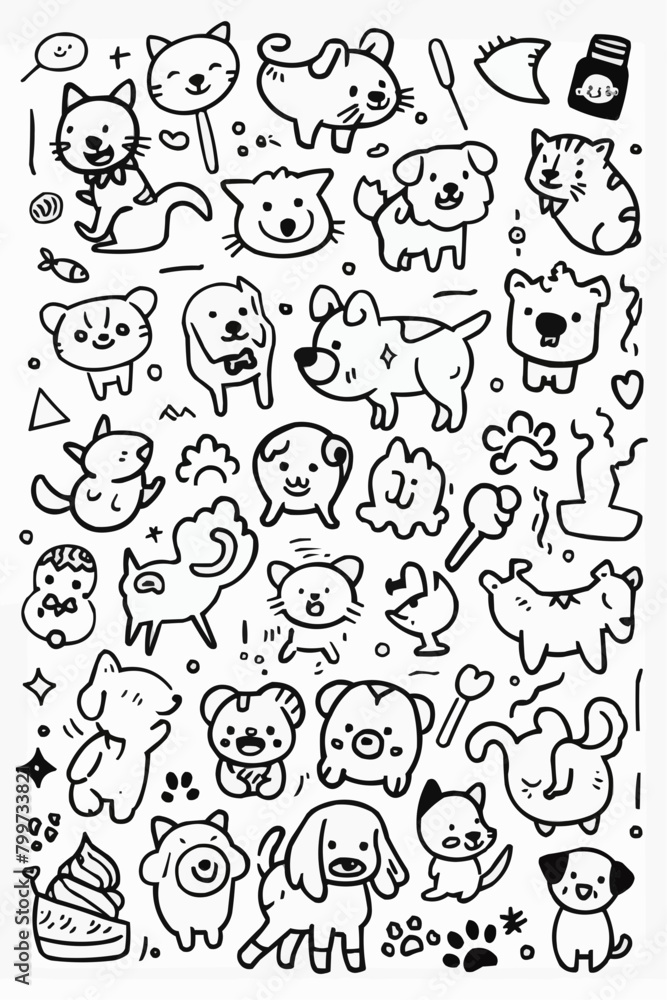 Simple wallpaper of dogs and cats. Vector linear seamless pattern. For postcard covers, etc Simple wallpaper of dogs and cats. Vector linear seamless pattern. For postcard covers, etc