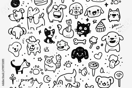 Simple wallpaper of dogs and cats. Vector linear seamless pattern. For postcard covers  etc