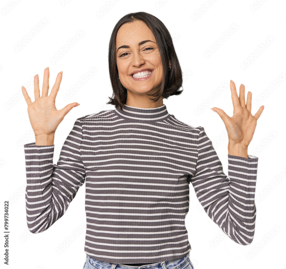 Young Caucasian woman with short hair showing number ten with hands. Young Caucasian woman with short hair showing number ten with hands.