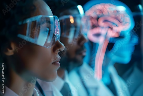 Scientists observing futuristic human consciousness being copied and stored in background. Concept Future Technology, Human Consciousness, Science Fiction, Observation, Futuristic Research photo
