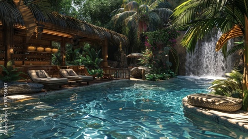 A poolside cabana at a tropical resort, with lush landscaping, waterfalls, and a swimup bar serving exotic summer cocktails