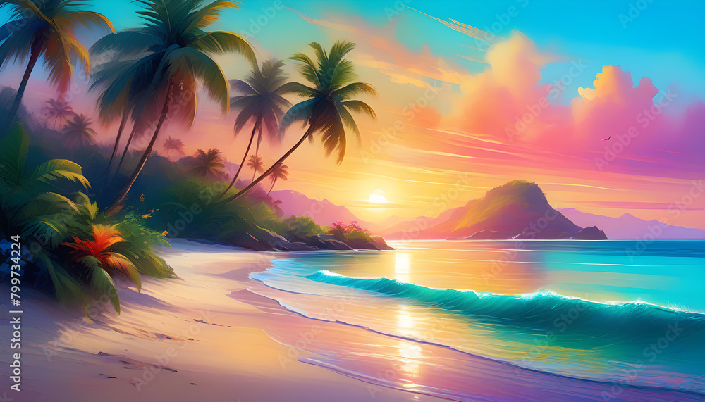 A tropical island with crystal clear water, sandy beaches, palm trees, exotic flowers, and a beautiful sunset.