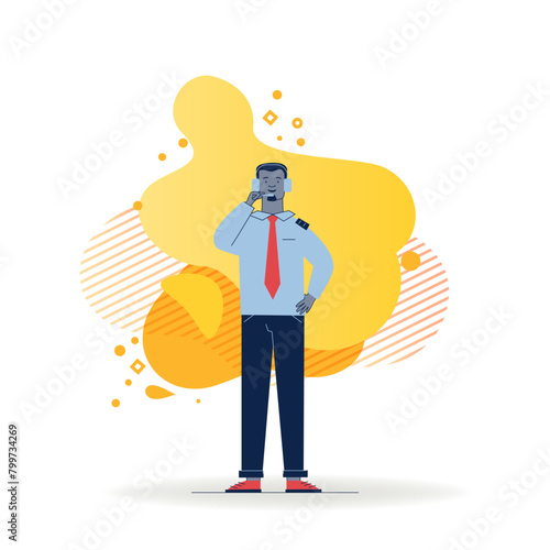 Pilot of aircraft using headset. Man wearing airlines uniform flat vector illustration. Aviation, job, occupation concept for banner, website design or landing web page