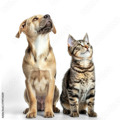 Curious dog and cat standing looking up same direction on transparency background PNG 