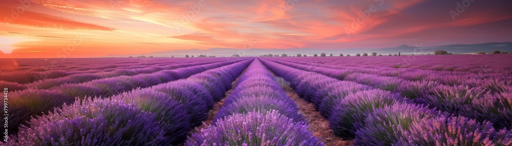 Obraz premium An endless lavender field under pastel sunset, rows purple stretching to the horizon, creating dreamy and aromatic summer setting